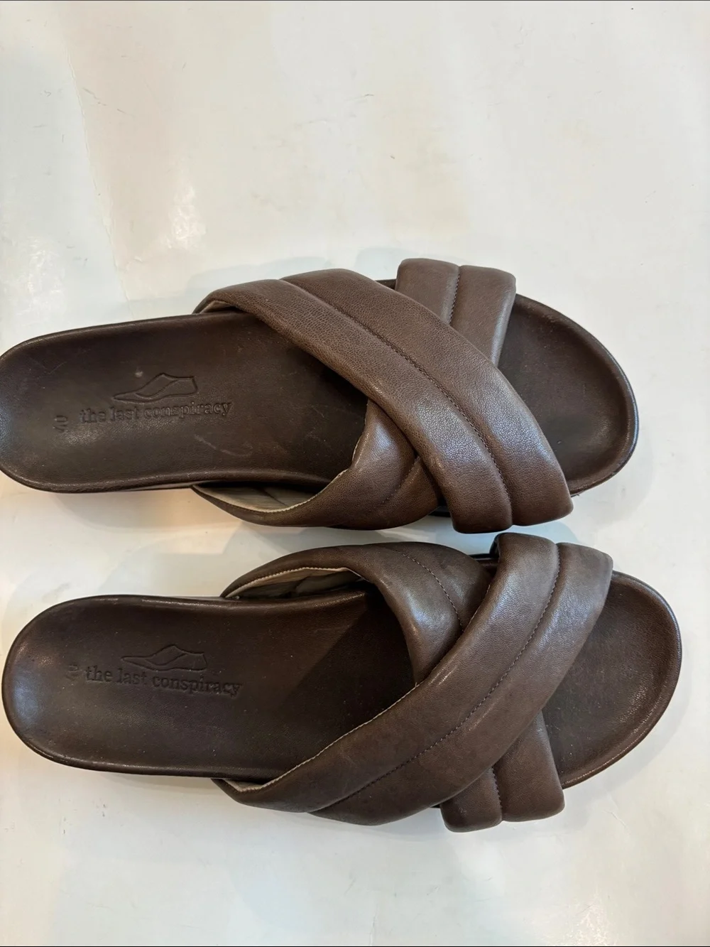 The Last Conspiracy Brown Leather Cross Strap Slides Sandals EU 40 Minimalist - Picture 6 of 13